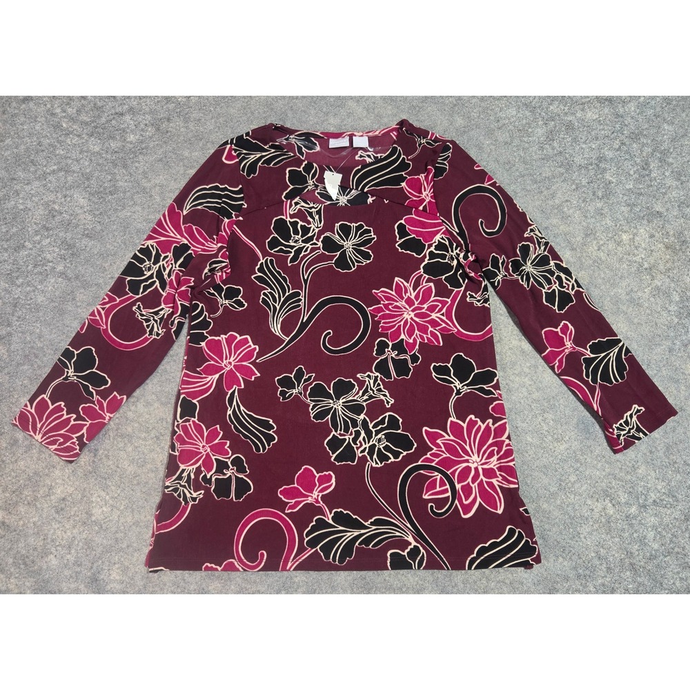Chicos Travelers Floral Tunic Top Burgundy Pink Black Keyhole Neck Size 1 M 8-10